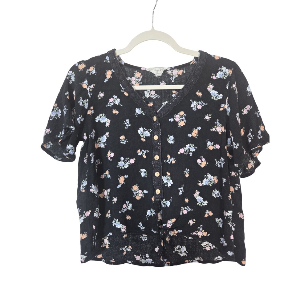 Hippie Rose Floral Button Front Top Womens Medium Black Lace Trim Boho Cottage‎